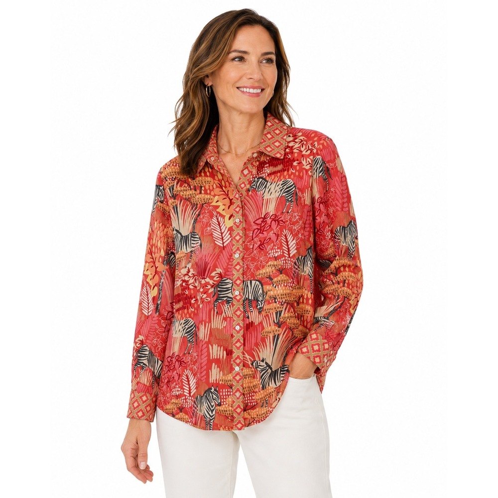 J.McLaughlin Zebra Safari Silk Blend Button Down Shirt Red Pink Orange Medium